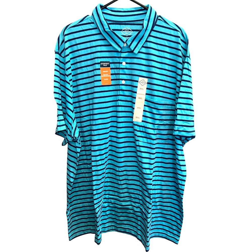 St. Johns Bay Mens Super Soft Polo Shirt Turquoise/Navy Stripe 3XL